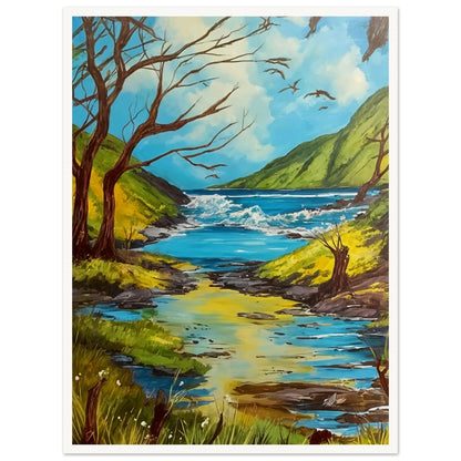 A serene landscape painting of a clear stream flowing through lush green hills, with birds flying in the blue sky and barren trees on the banks.