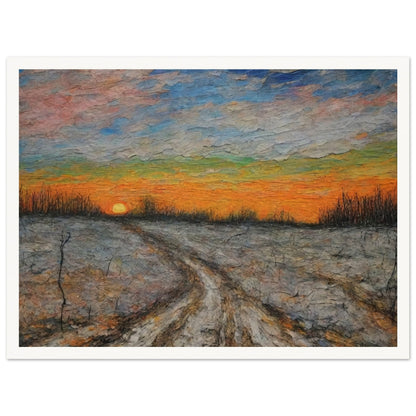 A painting of a winding dirt road at sunset, with vibrant colors filling the sky and bare trees lining the landscape.