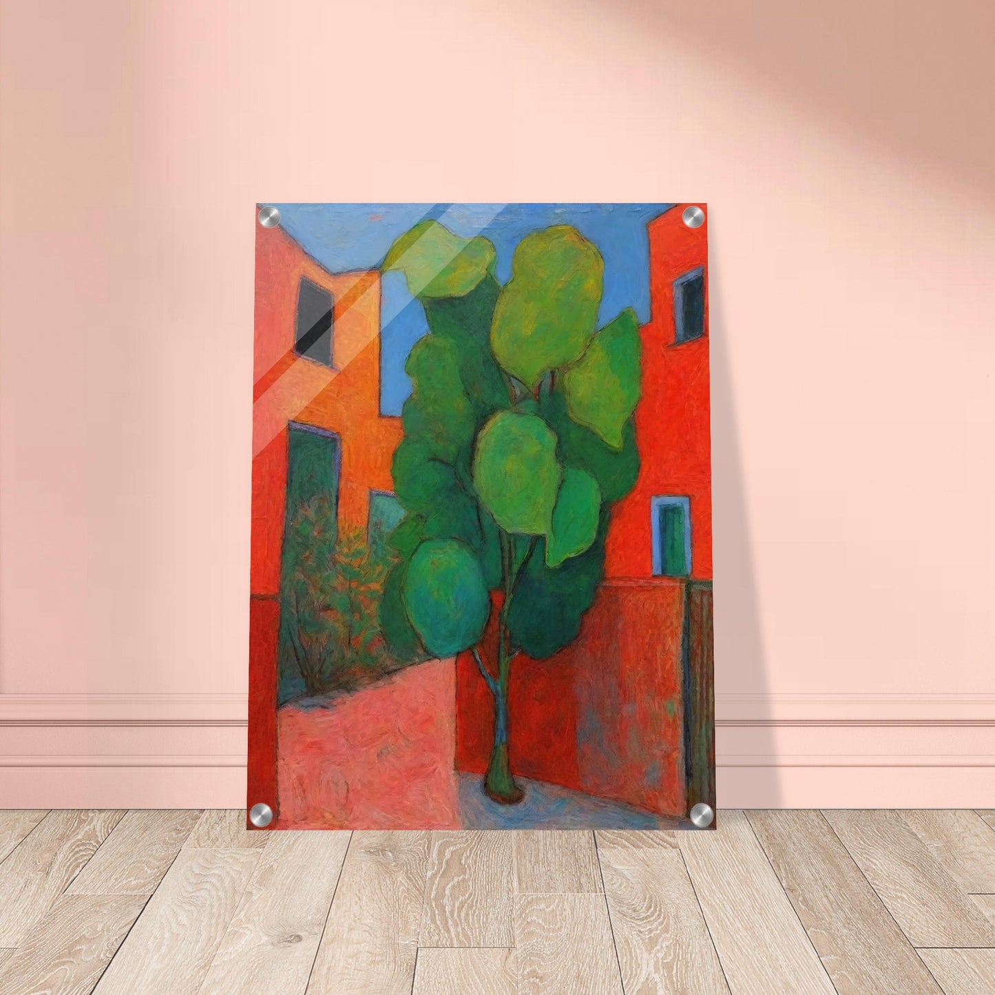 A vibrant painting depicting a green tree in the courtyard of red buildings. The bold colors and abstract style create a lively and dynamic urban scene.