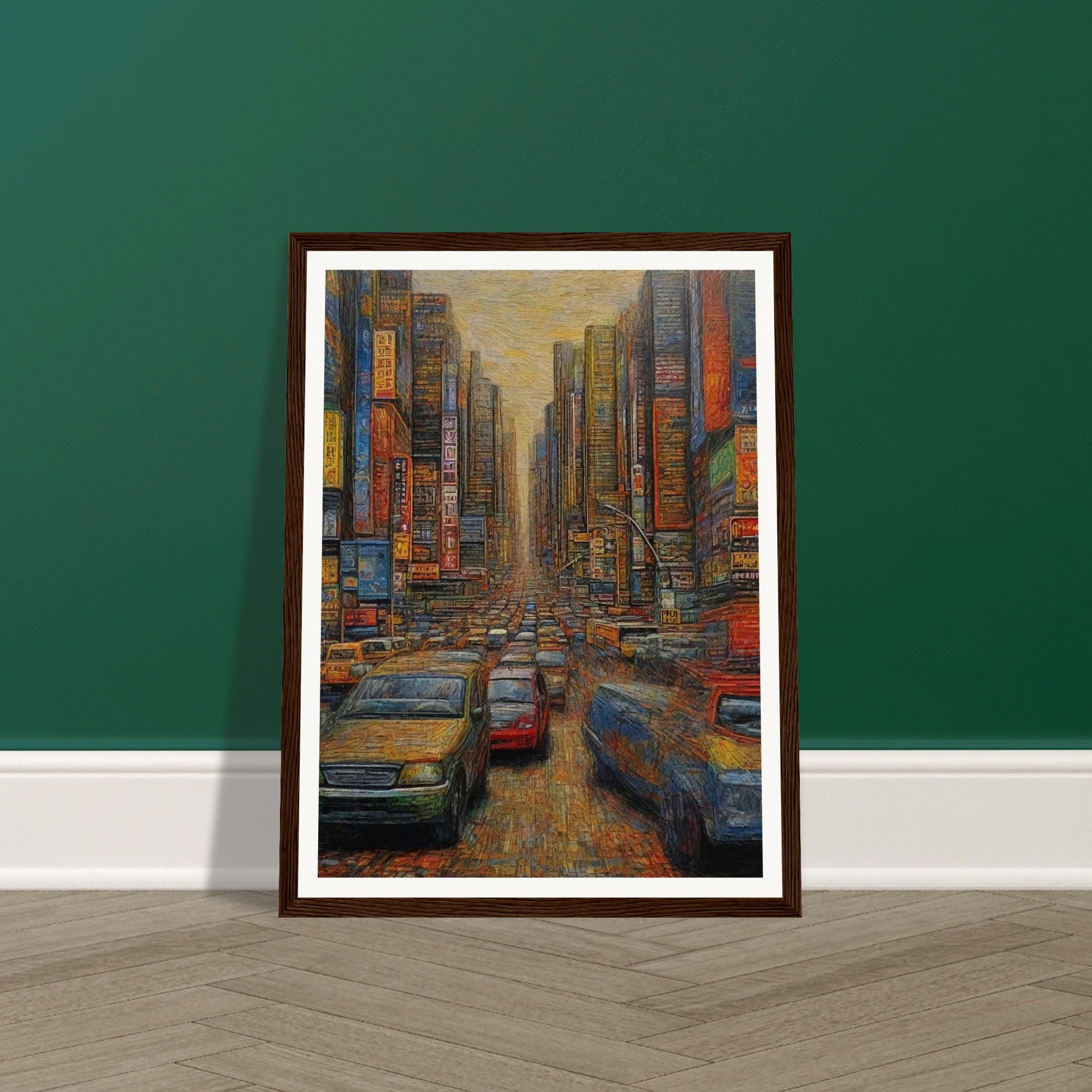 "A detailed painting of a busy urban street filled with cars and surrounded by towering skyscrapers, neon signs, and a warm, hazy sky overhead."