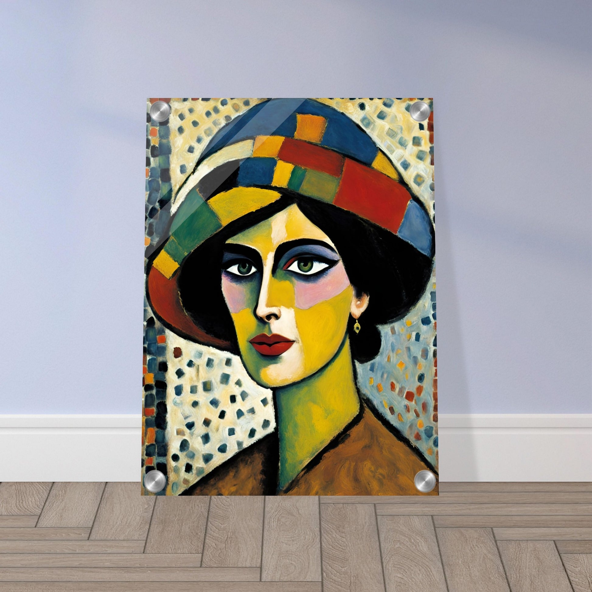 A striking portrait of a woman with bold, colorful facial features, wearing a patchwork hat against a textured mosaic background.