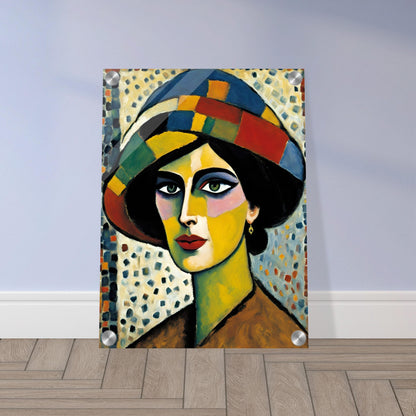 A striking portrait of a woman with bold, colorful facial features, wearing a patchwork hat against a textured mosaic background.