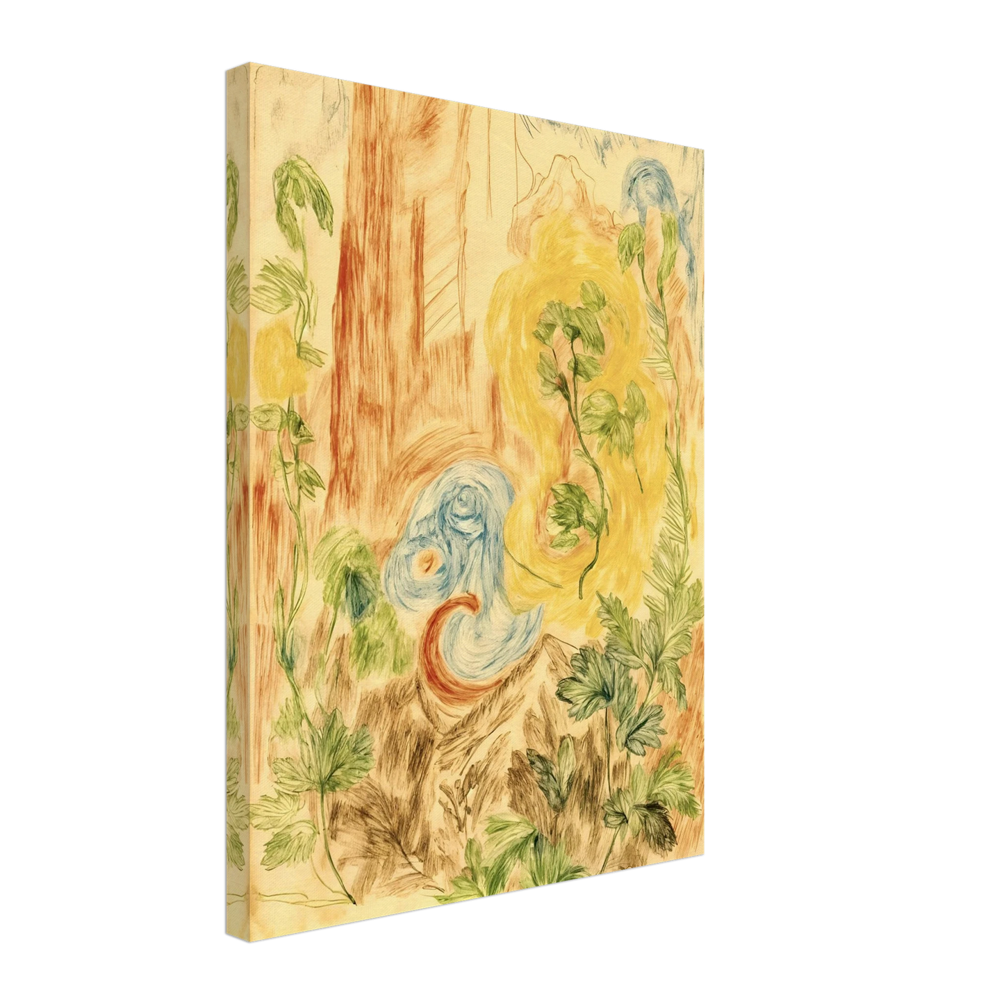 Delicate botanical sketches and flowing abstract forms intertwine in soft greens, golds, and blues across a dreamlike woodland-inspired composition.