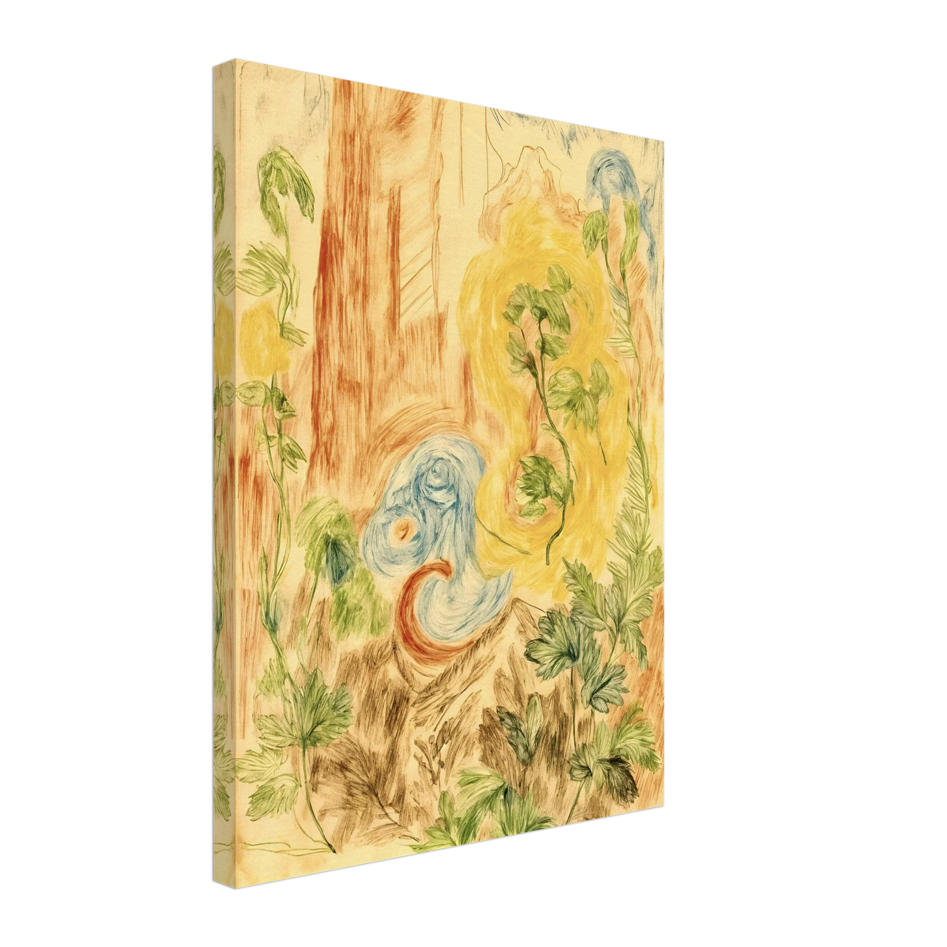 Delicate botanical sketches and flowing abstract forms intertwine in soft greens, golds, and blues across a dreamlike woodland-inspired composition.