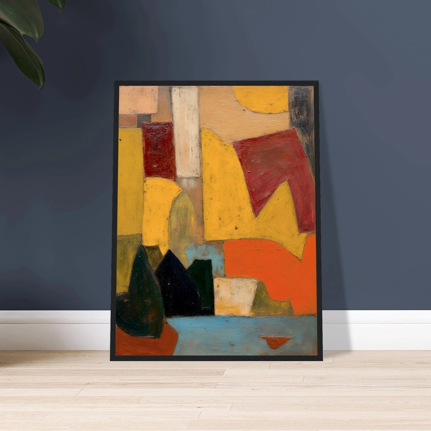 Warm yellow, red, and orange forms sit above a soft blue base with dark rounded shapes.