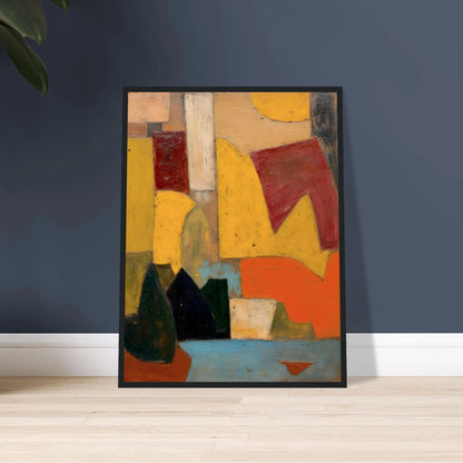 Warm yellow, red, and orange forms sit above a soft blue base with dark rounded shapes.