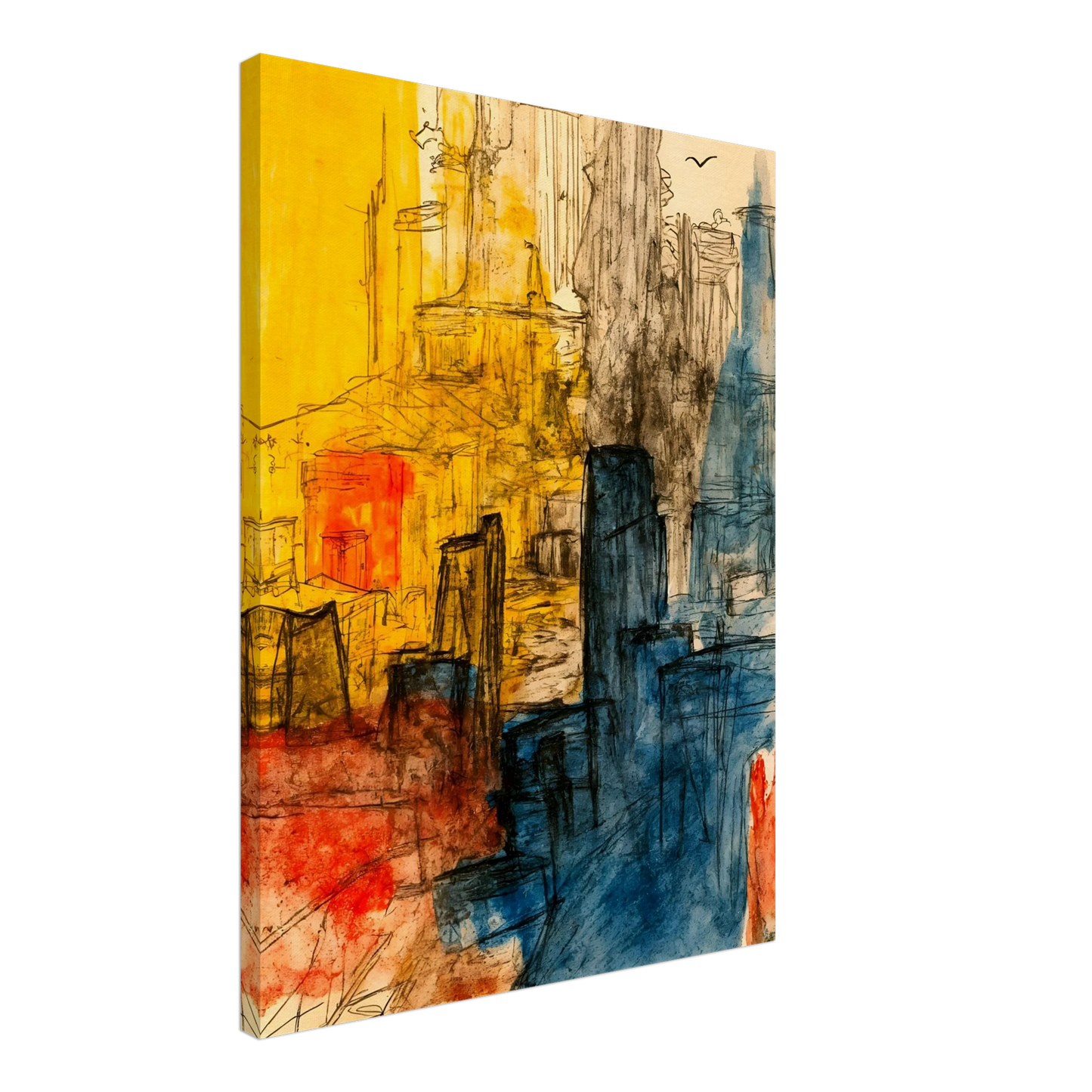 Expressive cityscape with golden facades, blue towers, and loose ink lines creating a vibrant urban atmosphere.