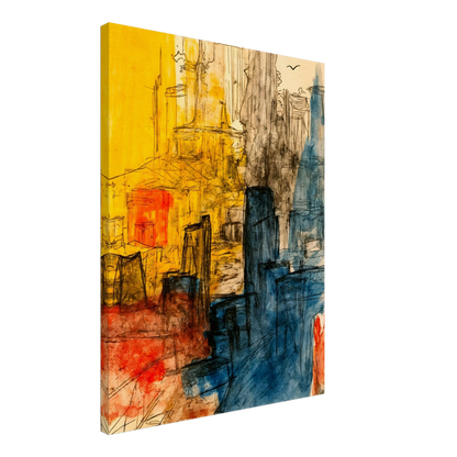 Expressive cityscape with golden facades, blue towers, and loose ink lines creating a vibrant urban atmosphere.