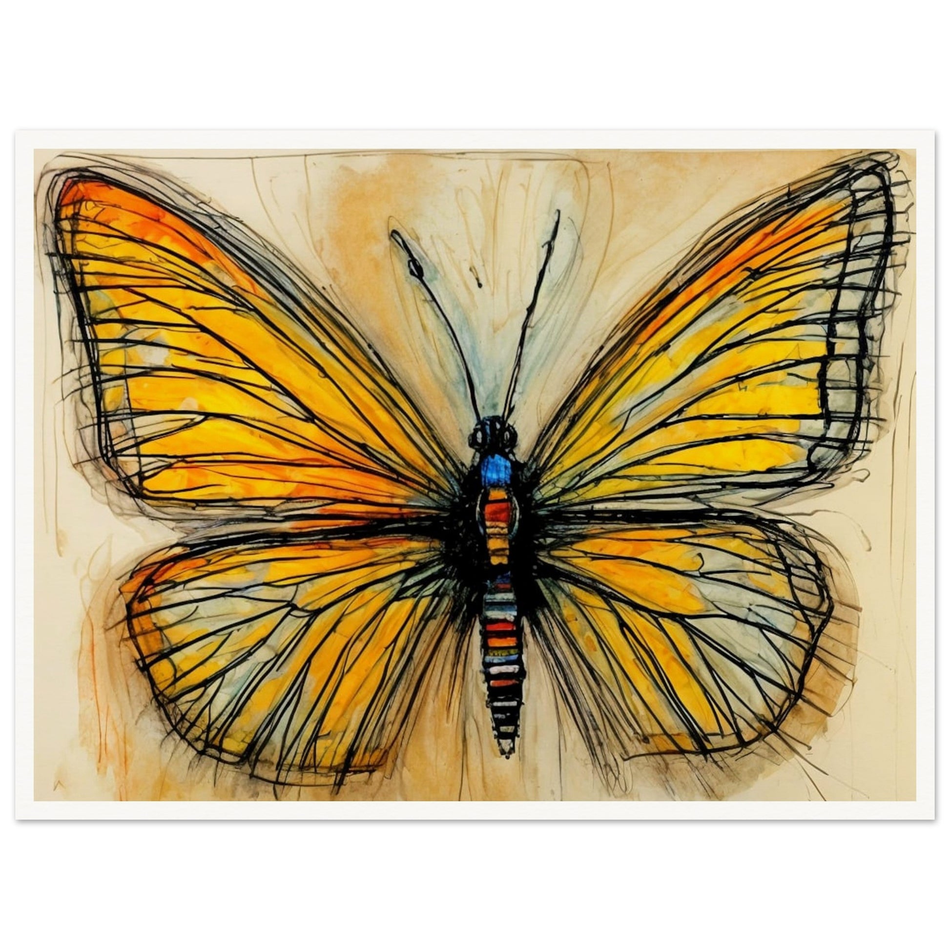 A striking illustration of a butterfly with bold black outlines and golden-yellow wings, detailed with subtle orange and blue accents, evoking transformation.