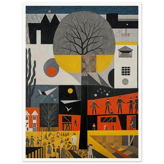 An abstract painting depicting a large tree at the center surrounded by geometric shapes, figures, and elements of nature and architecture.