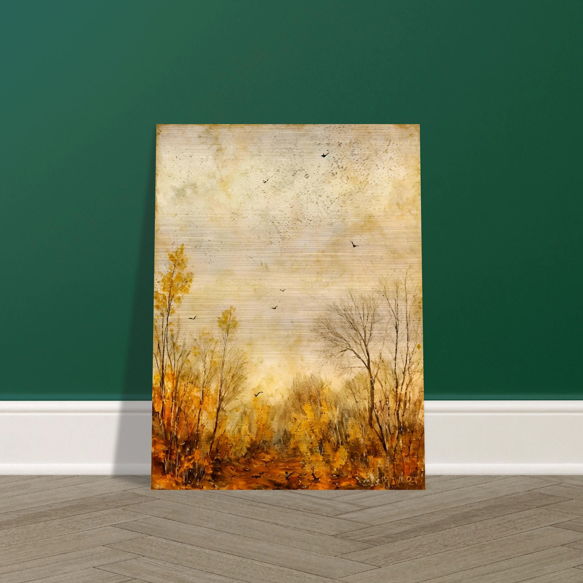 Muted fall forest with golden foliage and bare trees under a textured sky, scattered with birds in quiet flight.