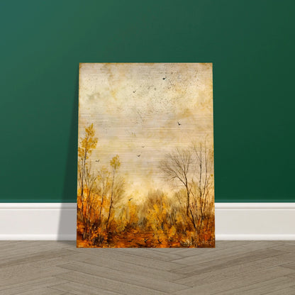 Muted fall forest with golden foliage and bare trees under a textured sky, scattered with birds in quiet flight.