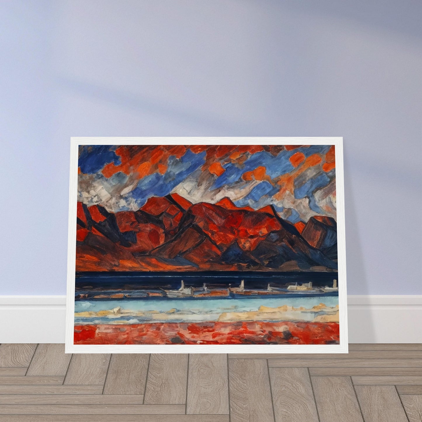 A striking landscape painting with red mountains under a dramatic sky, reflecting vibrant hues in a serene body of water.