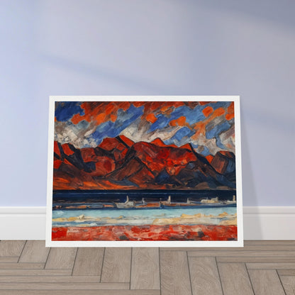 A striking landscape painting with red mountains under a dramatic sky, reflecting vibrant hues in a serene body of water.