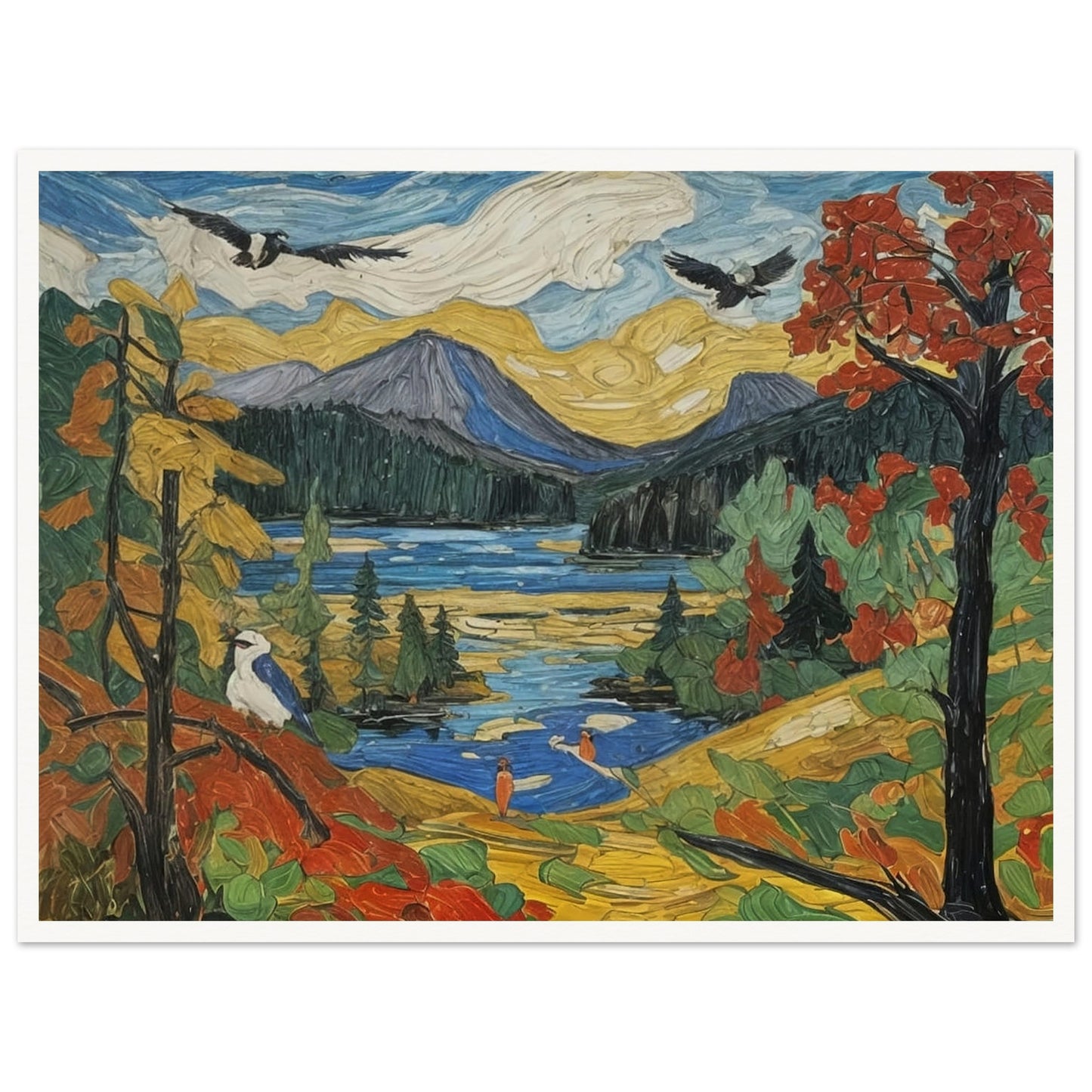 "A colorful autumn landscape featuring a mountain lake, vibrant trees, birds in flight, and a serene nature scene under a golden sky."