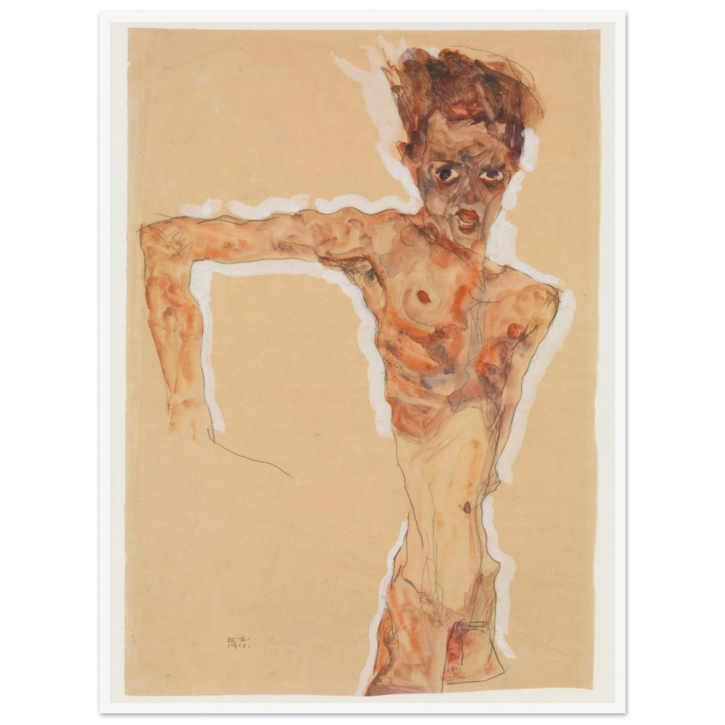 A gaunt male figure twists sharply, rendered in orange-brown washes and dark lines on tan paper.