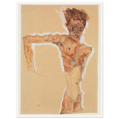 A gaunt male figure twists sharply, rendered in orange-brown washes and dark lines on tan paper.
