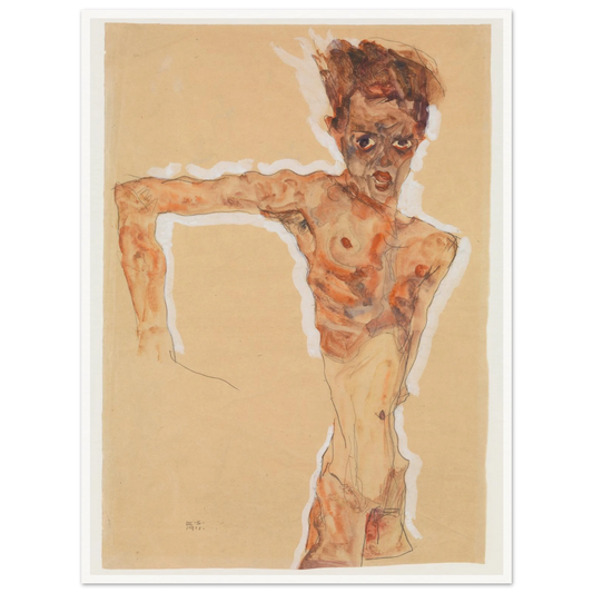 A gaunt male figure twists sharply, rendered in orange-brown washes and dark lines on tan paper.