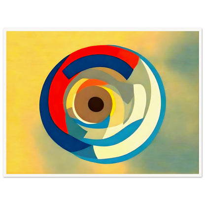 A geometric abstract artwork featuring overlapping circular shapes in bold colors of blue, red, yellow, and white on a soft gradient background.