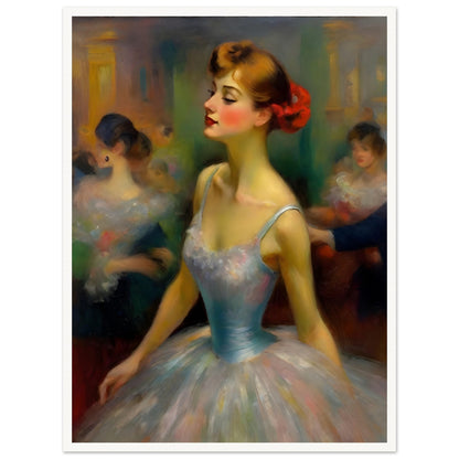 A captivating portrait of a ballerina in a pastel gown with a red flower in her hair, exuding grace and elegance in a dimly lit ballroom.