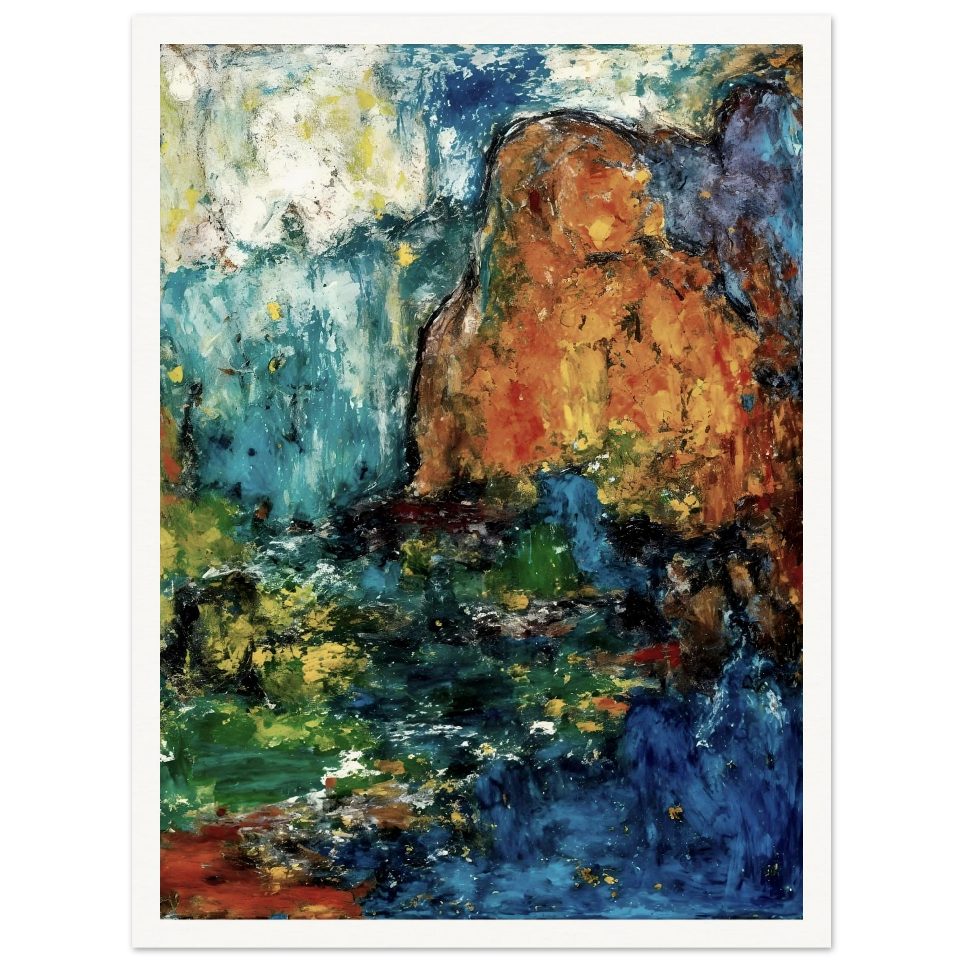 Blue falls and green pools flow between ochre cliffs and dark rocks in a textured landscape.