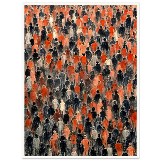 A sea of faceless figures in red, black, and beige walk forward under streaks of rain, evoking unity and anonymity.
