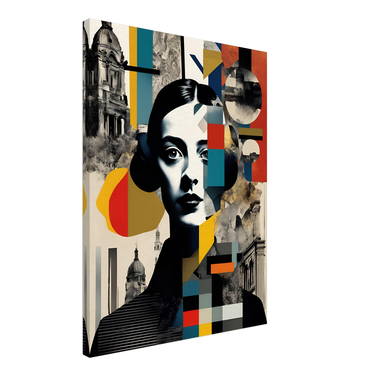 A striking portrait of a woman interwoven with geometric patterns, vintage architecture, and fragmented colors, symbolizing time and identity.