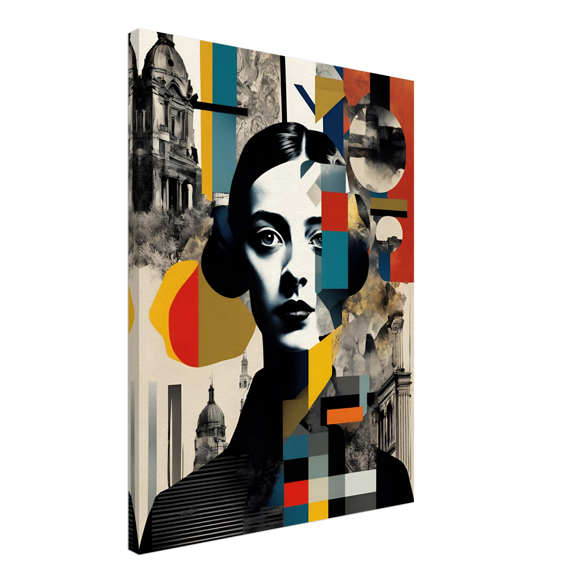 A striking portrait of a woman interwoven with geometric patterns, vintage architecture, and fragmented colors, symbolizing time and identity.