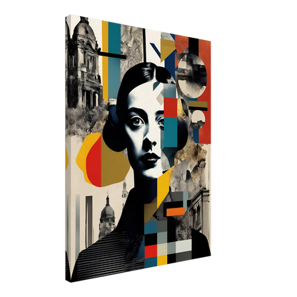 A striking portrait of a woman interwoven with geometric patterns, vintage architecture, and fragmented colors, symbolizing time and identity.