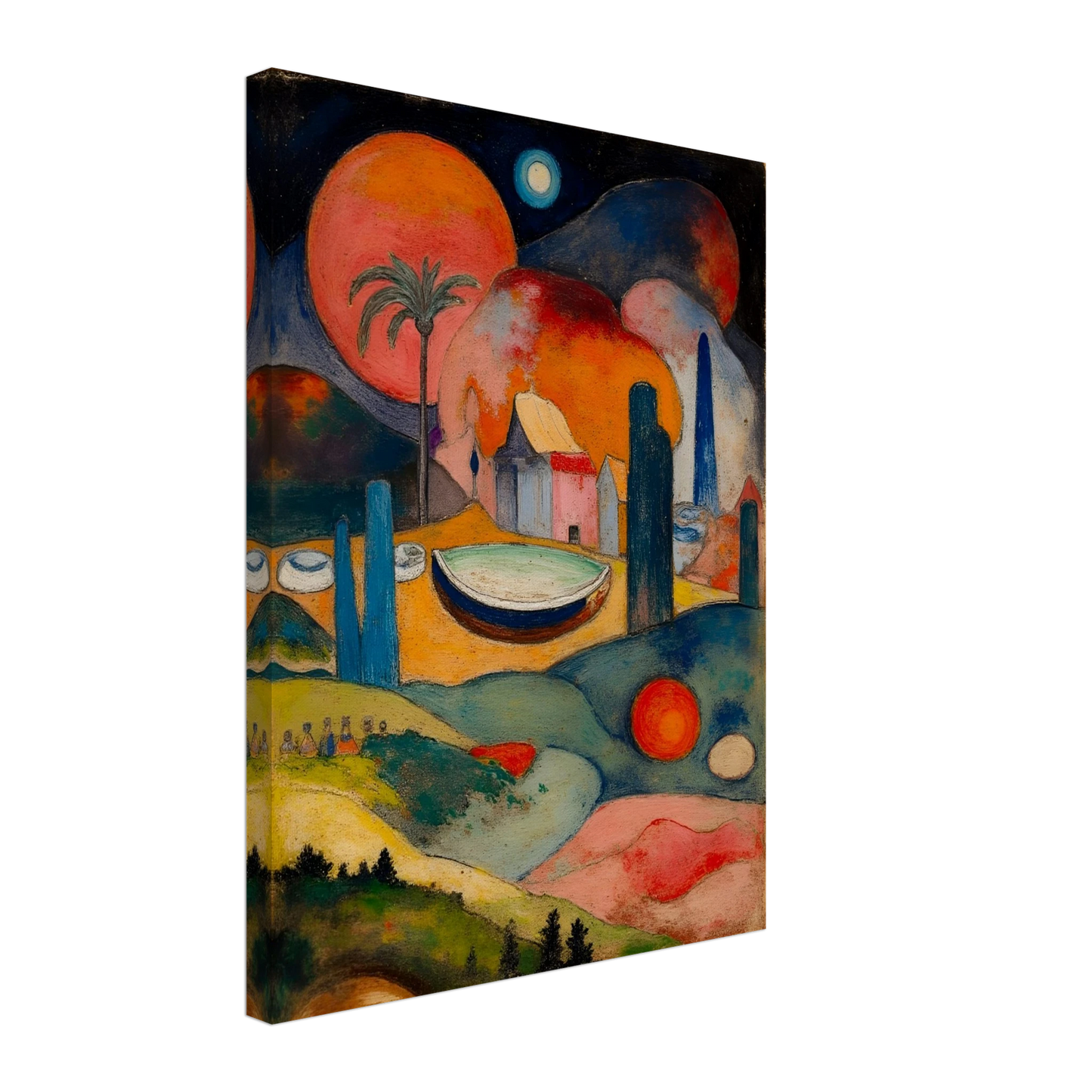 A surreal fantasy landscape featuring colorful geometric buildings, a small boat, rolling hills, glowing celestial spheres, and a palm tree beneath a dark starry sky.