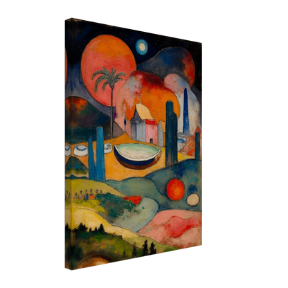A surreal fantasy landscape featuring colorful geometric buildings, a small boat, rolling hills, glowing celestial spheres, and a palm tree beneath a dark starry sky.