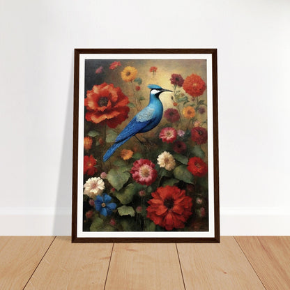 "A vibrant painting of a blue bird perched among blooming flowers in red, orange, and pink hues, set against a soft, warm background."