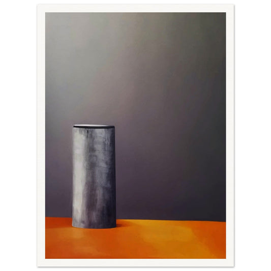 A minimalistic composition featuring a single cylindrical gray object standing on a warm orange surface against a dark, muted background, evoking stillness and simplicity.