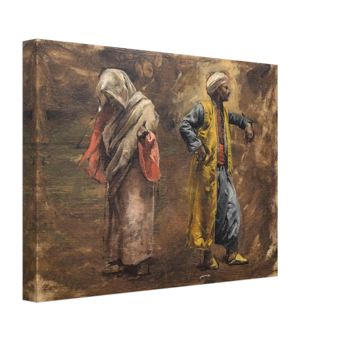 A veiled woman and turbaned man in colorful robes stand against a warm, painterly brown background.