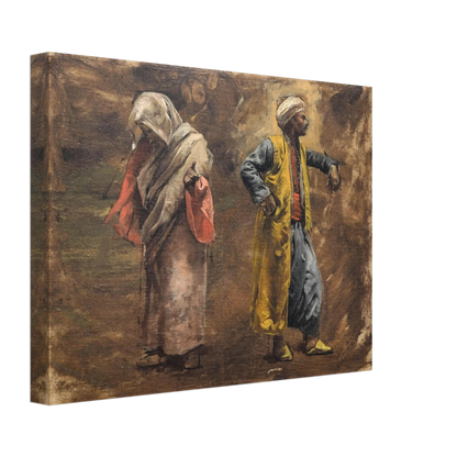 A veiled woman and turbaned man in colorful robes stand against a warm, painterly brown background.