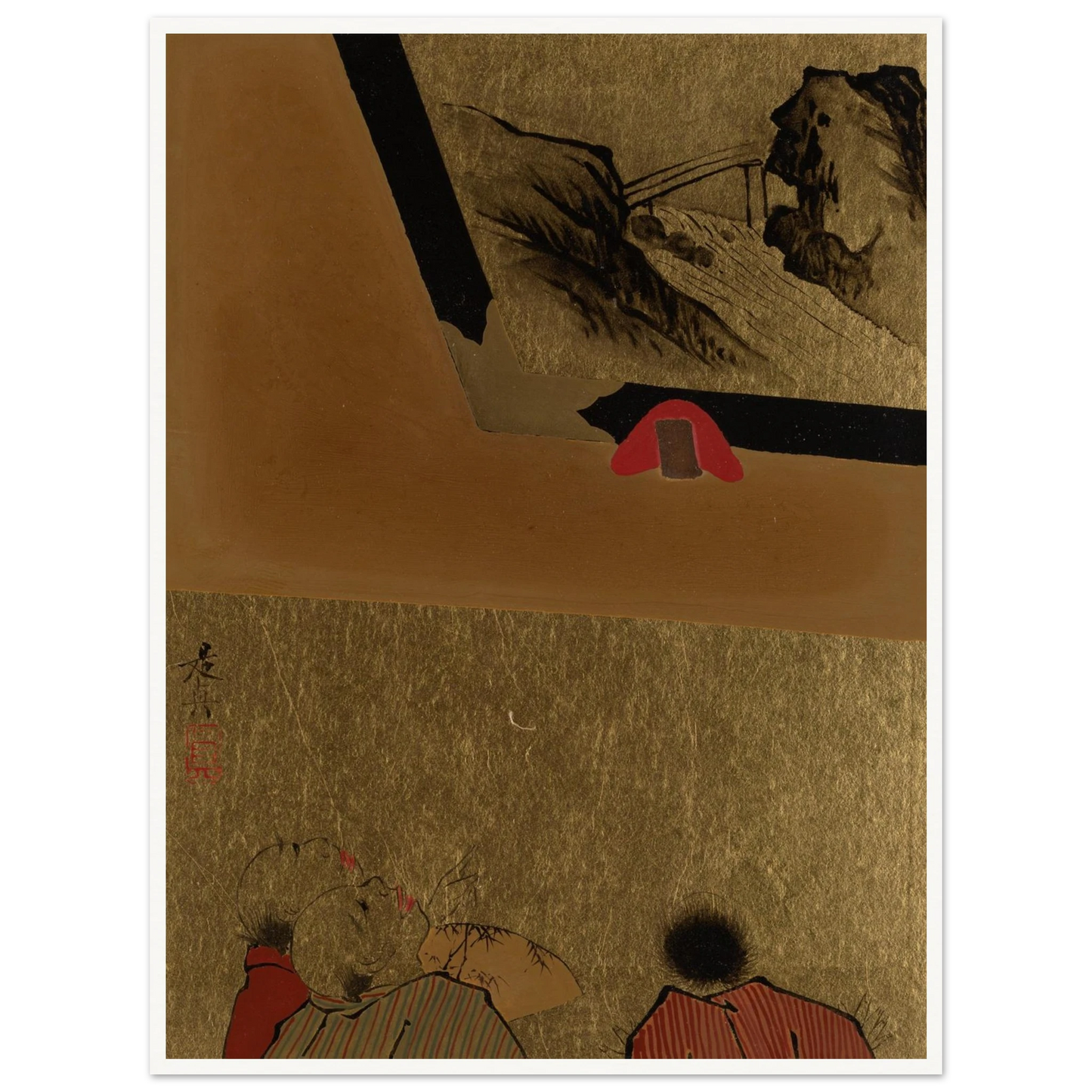 Three men view a framed lacquer drawing on gold paper in a Japanese album leaf