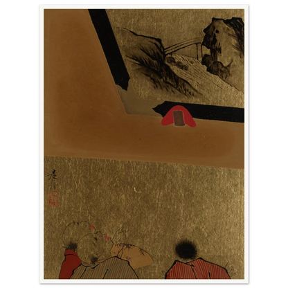 Three men view a framed lacquer drawing on gold paper in a Japanese album leaf