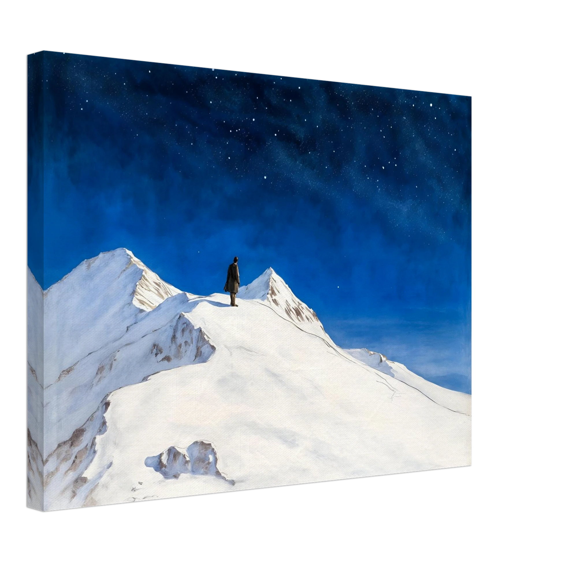 Solitary figure stands atop snowy mountain peaks beneath a vast starlit sky, evoking wonder, silence, and the grandeur of night.
