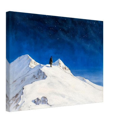 Solitary figure stands atop snowy mountain peaks beneath a vast starlit sky, evoking wonder, silence, and the grandeur of night.