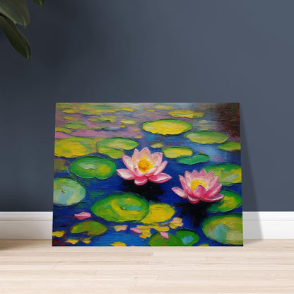 A vibrant painting of two pink water lilies floating among green lily pads on a serene blue pond.