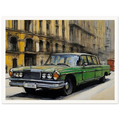 A striking painting of a green vintage car parked on a city street, surrounded by historic yellow buildings with intricate details.