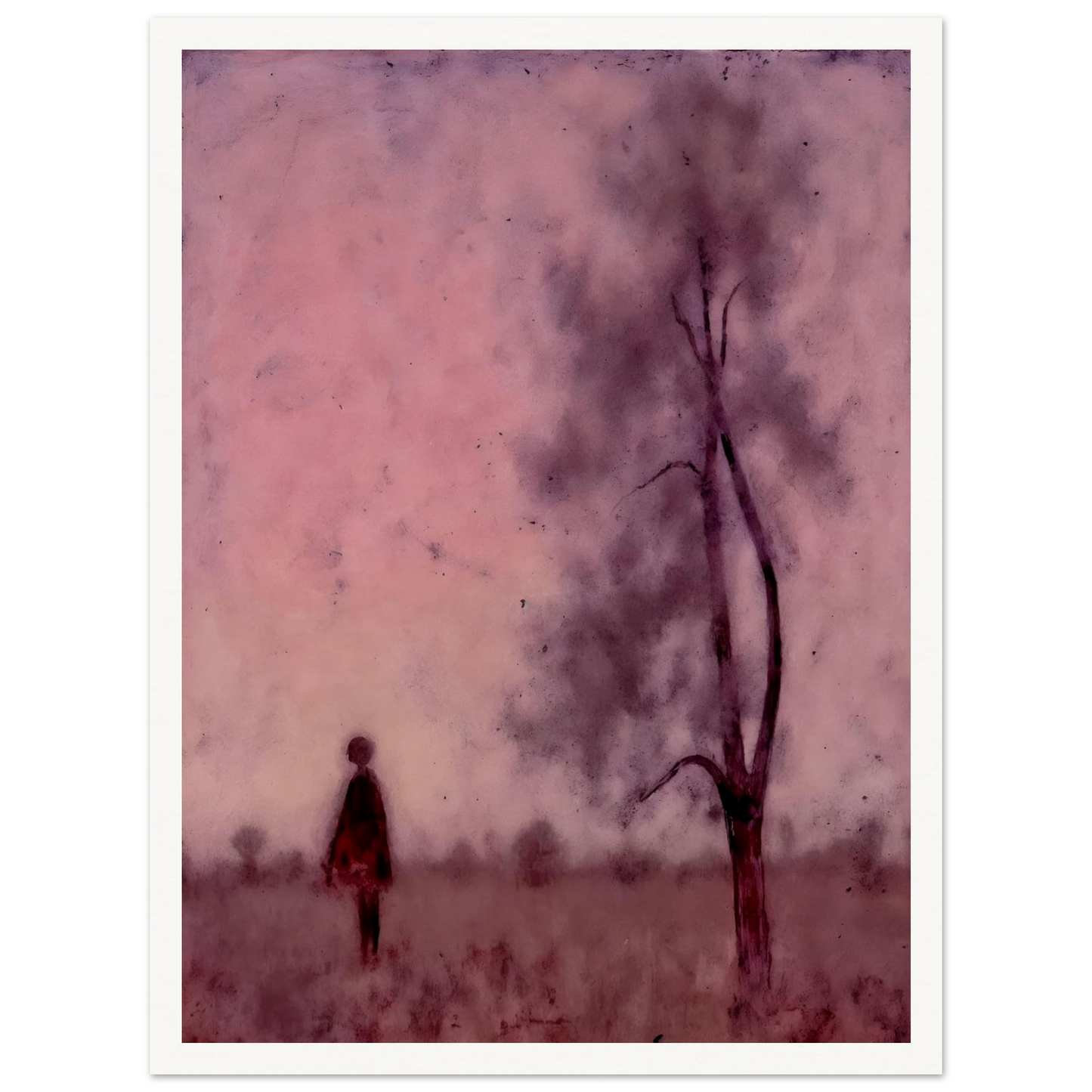 A solitary figure stands in a hazy pink field beside a tree, enveloped by a dreamlike, muted magenta atmosphere.