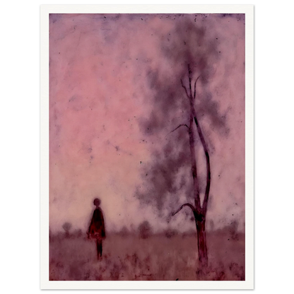 A solitary figure stands in a hazy pink field beside a tree, enveloped by a dreamlike, muted magenta atmosphere.