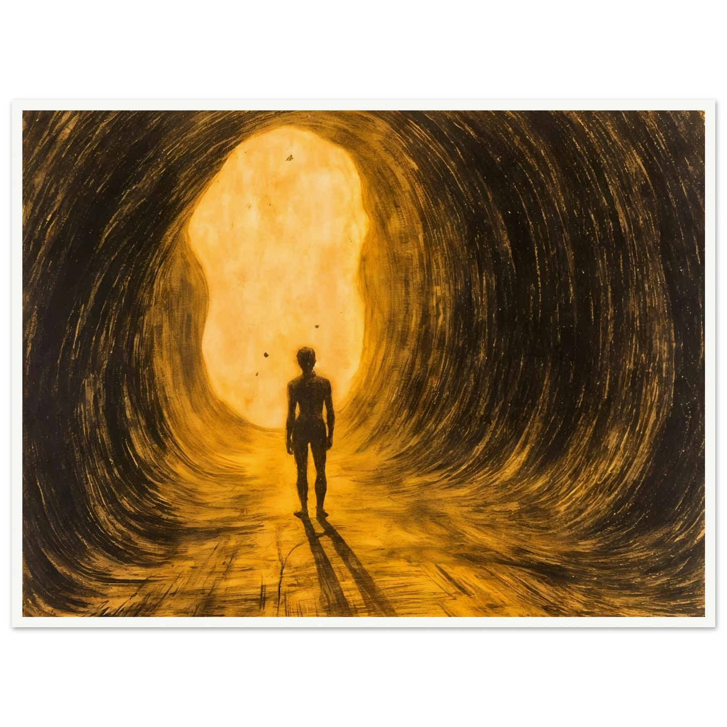 A lone silhouette walks through a glowing golden tunnel, surrounded by sweeping dark textures and radiant light ahead.