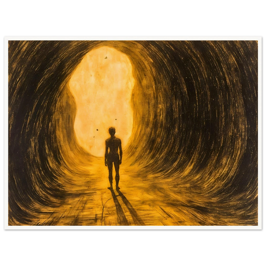 A lone silhouette walks through a glowing golden tunnel, surrounded by sweeping dark textures and radiant light ahead.