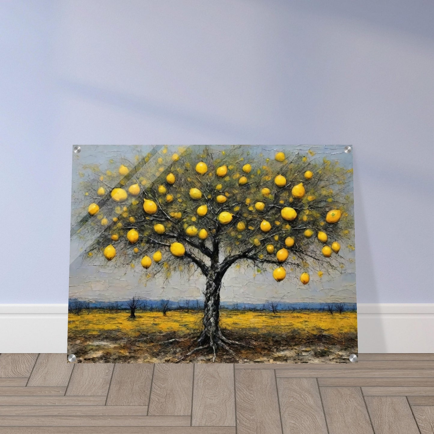 Vivid painting of a lemon tree filled with golden yellow fruits, standing in a sunlit yellow field with a serene blue horizon.