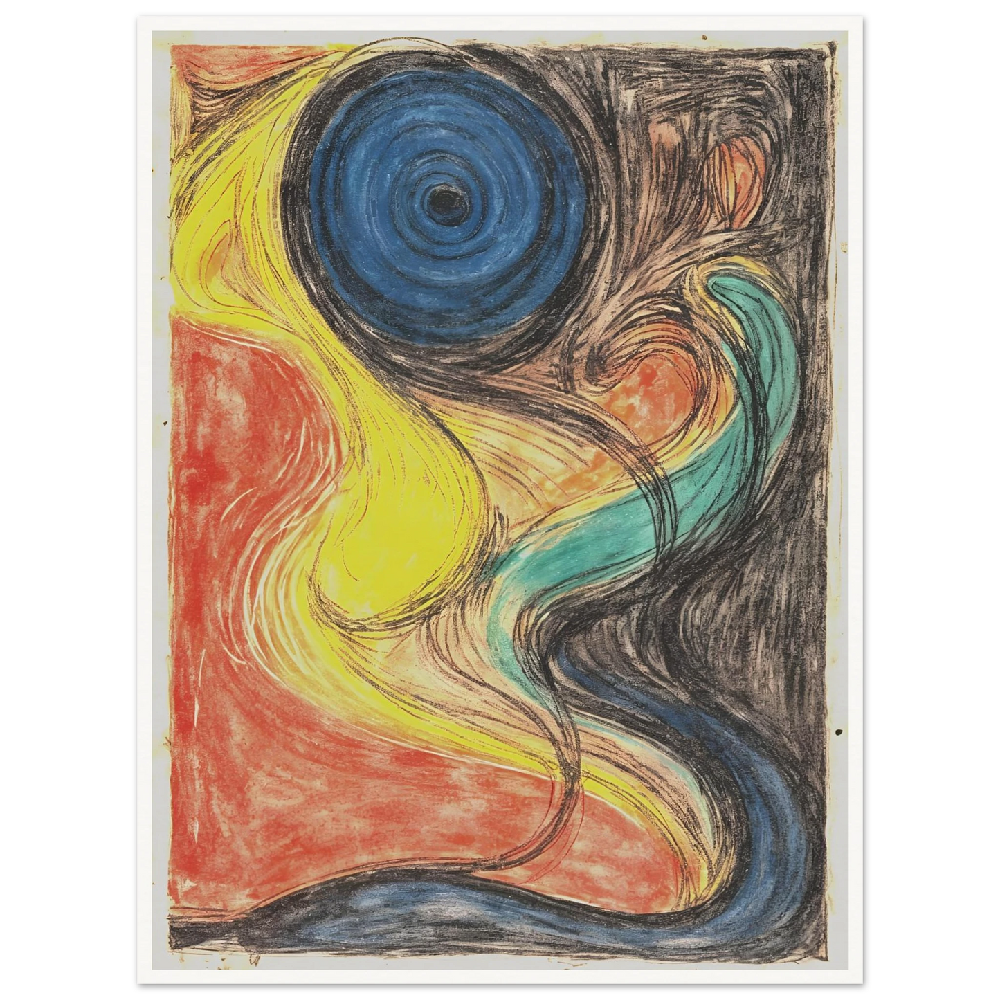 Flowing abstract lines weave through fiery red, luminous yellow, deep blue, and shadowed black, evoking cosmic movement and elemental energy.