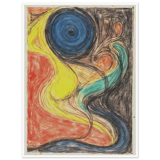 Flowing abstract lines weave through fiery red, luminous yellow, deep blue, and shadowed black, evoking cosmic movement and elemental energy.