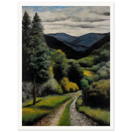 A picturesque landscape painting of a winding path leading through a verdant forest, with tall trees and lush green foliage. In the background, blue mountains rise under a partly cloudy sky, creating a serene and inviting scene.