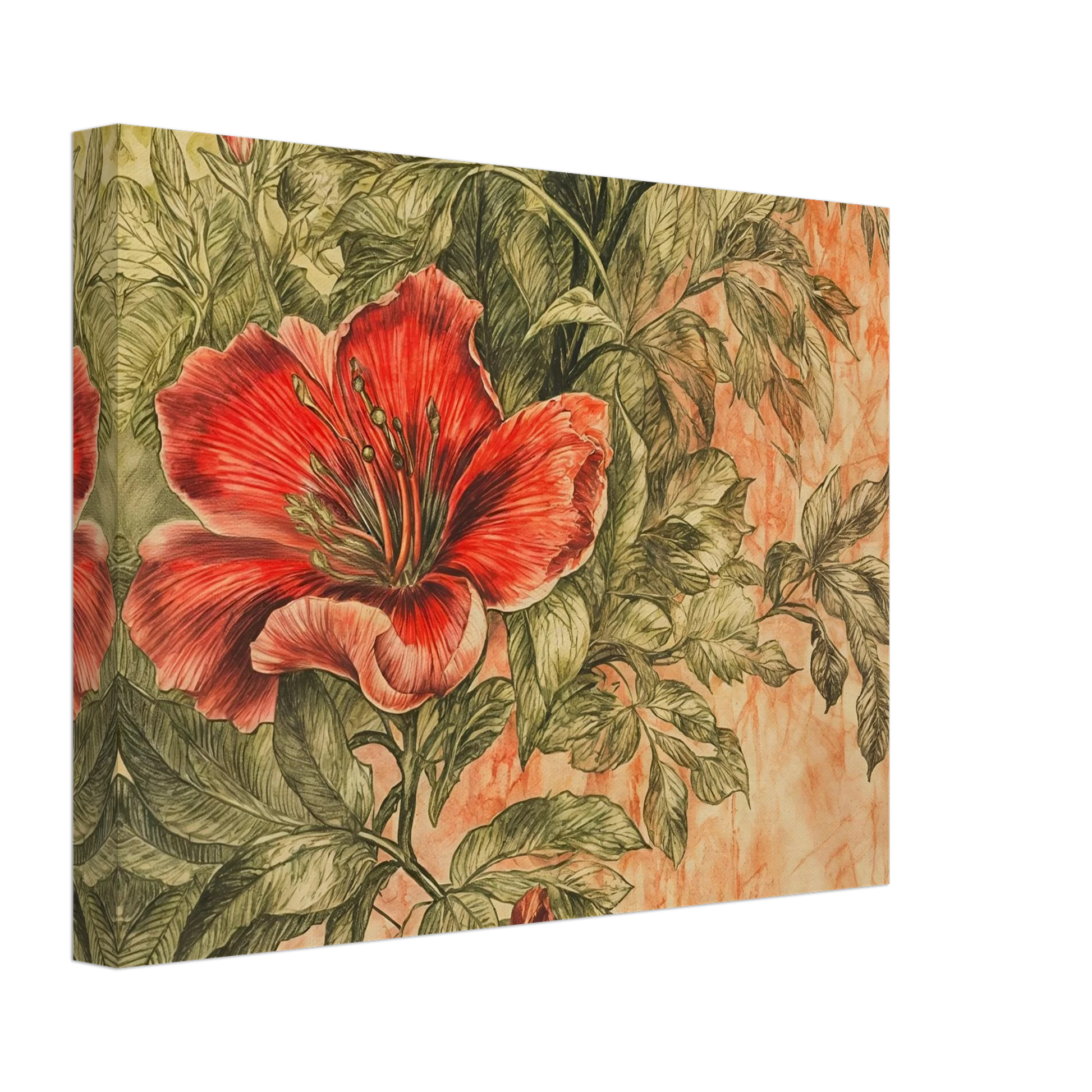 A richly detailed crimson flower blossoms among intricate green foliage against a soft peach-toned background.